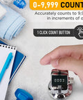 Works Like A Charm Desk Tally Counter With Rugged Metal Base Mechanical Clicker in use counting to 9999 beside notebook and pen.