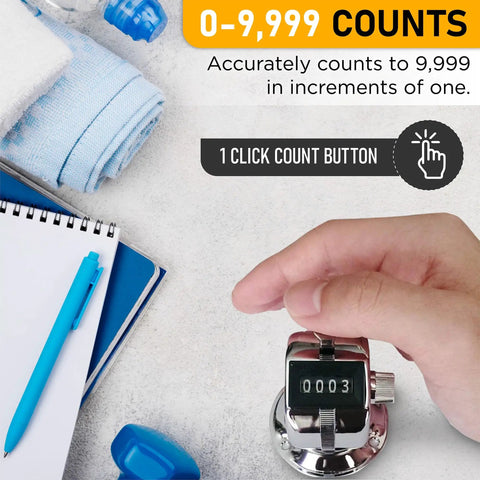 Works Like A Charm Desk Tally Counter With Rugged Metal Base Mechanical Clicker in use counting to 9999 beside notebook and pen.