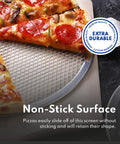 Restaurant-Grade Seamless Aluminum Pizza Baking Screens, 16 Inch, Pack Of 6, in use with pizza showing non-stick surface