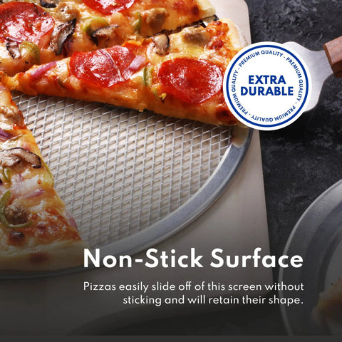 Restaurant-Grade Seamless Aluminum Pizza Baking Screens, 16 Inch, Pack Of 6, in use with pizza showing non-stick surface