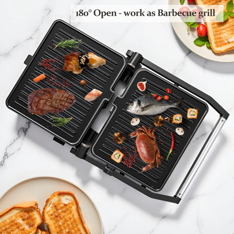 Versatile Contact Grill And Panini Press With 180 Degree Floating Hinge Plates For Steaks, Sausages, Quesadillas cooking seafood and meats.