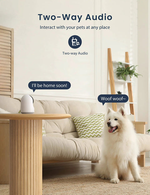 Indoor Pet Camera For Home, Baby Monitor And Dog Camera With Night Vision on table, dog near sofa, showing two-way audio feature.