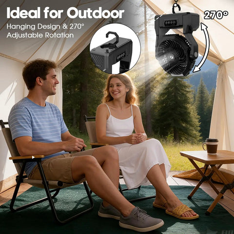 Ulta Durable 24000mAh Rechargeable Camping Fan With 64 Hour Runtime hanging in tent