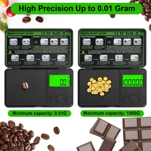 Portable Digital Pocket Scale 0.01 to 1000 g Precision Gram Scale With 7 Units And Tare Function LCD Display Backlit shown with coffee and gold items