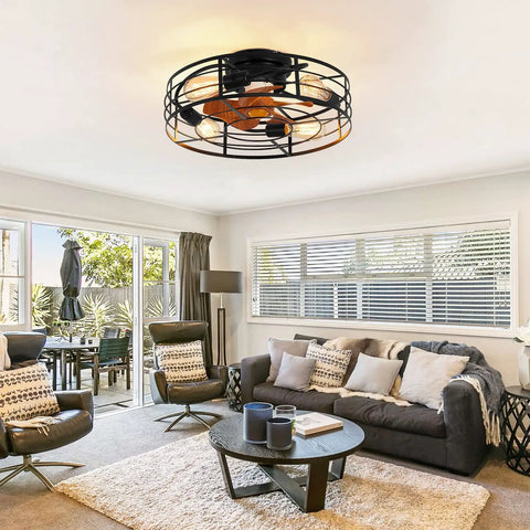 Modern living room with Caged Ceiling Fan With Light 20 Inch Low Profile Flush Mount Industrial Vibe visible on ceiling.