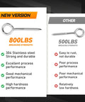 Comparison between Two Pack 6 Inch Heavy Duty Screw Eyes Hooks In 304 Stainless Steel Self Tapping Eye Bolts and 500 lbs version