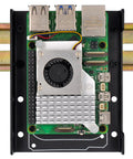 Rugged Beefed Up DIN Rail Mount Bracket For Raspberry Pi And Arduino BeagleBone Black Industrial Rail Adapter with mounted Raspberry Pi 5 and heatsink