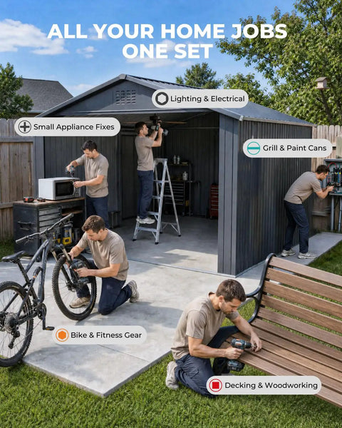 Four people using Best Go To 46 Piece Screwdriver Bit Set With S2 Steel Bits for various home repairs outside a shed