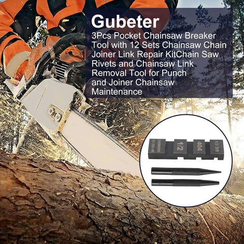 Logger using pocket chainsaw breaker tool set with 12 chain joiner links and rivets kit for quick chain removal and repair.