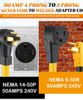 Image of Heavy Duty Nema 14 50P To 6 50R Adapter Cord with 4 prong and 3 prong connectors, showcasing 50 Amp capacity.