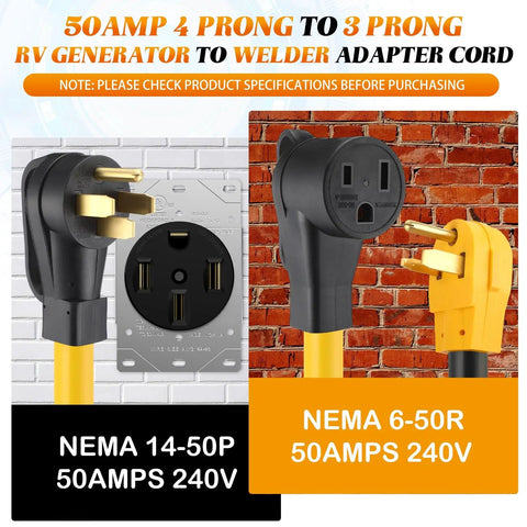 Image of Heavy Duty Nema 14 50P To 6 50R Adapter Cord with 4 prong and 3 prong connectors, showcasing 50 Amp capacity.