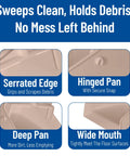 Commercial Upright Dustpan With 30 Inch Aluminum Handle Serrated Broom Comb Edge And Locking Yoke Standing Floor Sweeper tan features serrated edge, hinged pan, deep pan, and wide mouth.
