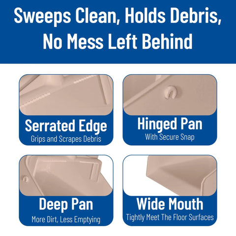 Commercial Upright Dustpan With 30 Inch Aluminum Handle Serrated Broom Comb Edge And Locking Yoke Standing Floor Sweeper tan features serrated edge, hinged pan, deep pan, and wide mouth.