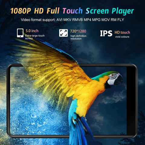 A vibrant parrot on Android 13 MP3 Player With Bluetooth And WiFi, 5 Inch HD Display, 1080P MP4 Player screen showcasing color display