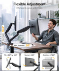 Image of Heavy Duty Dual Monitor Arm Stand With Integrated USB Charging Ports Fits 17 To 32 Inch Screens Up To Nineteen Point Eight Pounds illustrating flexible adjustment features like tilt and swivel.