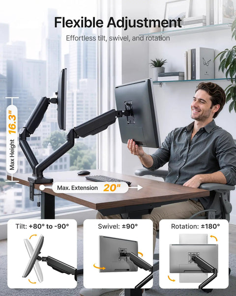 Image of Heavy Duty Dual Monitor Arm Stand With Integrated USB Charging Ports Fits 17 To 32 Inch Screens Up To Nineteen Point Eight Pounds illustrating flexible adjustment features like tilt and swivel.