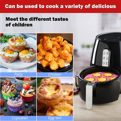 Two Pack 8.3 Inch Silicone Muffin Pan For 3Qt To 5Qt Air Fryers in use with muffins, cupcakes, and egg tarts in air fryer
