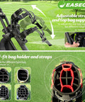 Link Ready Four Wheel Golf Push Cart All Terrain Walking Caddy With Beast Mode Slope Stability showing adjustable straps and self-fit bag holder