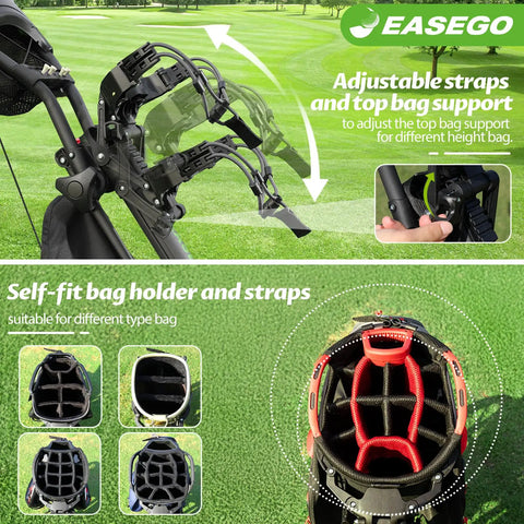 Link Ready Four Wheel Golf Push Cart All Terrain Walking Caddy With Beast Mode Slope Stability showing adjustable straps and self-fit bag holder