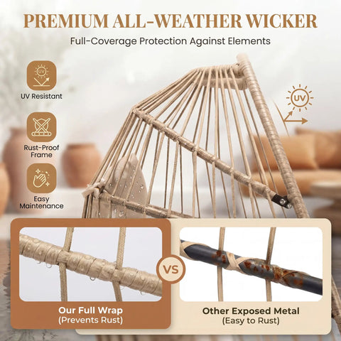 All-Weather Hanging Egg Chair No Stand With 350 Lb Capacity, Durable Wicker Hammock Seat With Cushions, UV Resistant