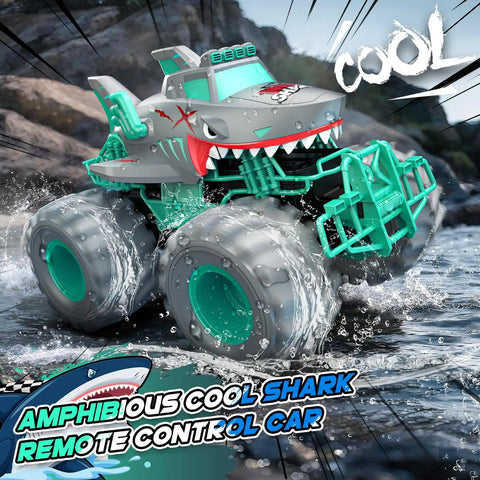 Waterproof Amphibious 1To16 Scale RC Car With 4WD Monster Truck All Terrain Off Road Toy for Kids in action on rocky terrain.