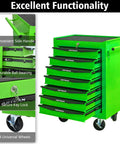 Heavy Duty Freestanding Storage Cabinet With Smooth Rollin Parking Brakes And Ball Bearing Slides For Crazy Convenient Garage Workspace Organization In Sage Green with open drawers and side handle.