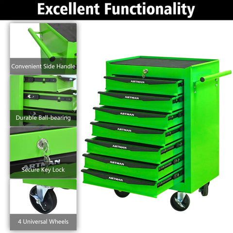 Built Tough 21 Inch Freestanding Storage Cabinet And Tool Chest Rollin Tight With Ball Bearing Slides And Locking Caster Wheels For Garage Or Backyard Shed Setup Matte Green, showcasing 8 drawers and side handle.