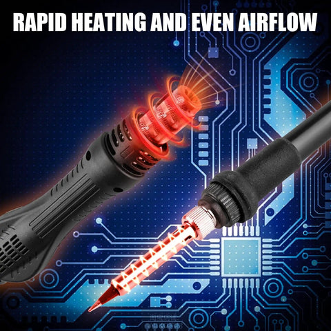 2 In 1 Soldering Station with SMD Hot Air Rework showing heating elements and circuit board background