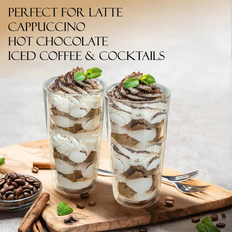 Heavy Hitting Double Wall Glass Coffee Tumblers Set Of Two with layered dessert, ideal for lattes and iced coffee.