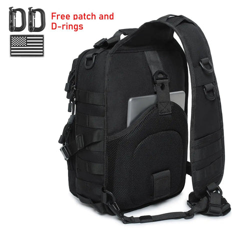 Rugged Tactical Sling Bag For EDC Gear Crossbody Chest Pack With MOLLE System 600D Nylon Water Resistant Dual D Rings US Flag Patch Black Edition