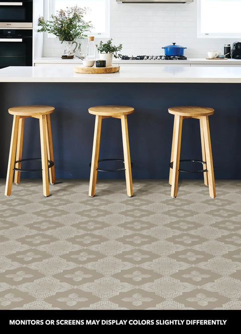 Cream Sullivan Peel And Stick Floor Tiles In White And Taupe For Farmhouse Style, 12 X 12 Inch Vinyl Tiles in a kitchen setting