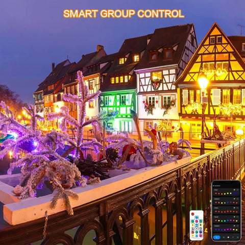Outdoor LED Flood Lights Lit RGB Color Changing Smart Landscape Lights With 16 Million Colors Dimmable White Light Scene And Music Modes IP66 Waterproof Uplighting App And Voice Control For Patio Garden Yard Stage 6 Pack illuminating snowy houses at night with smart group control