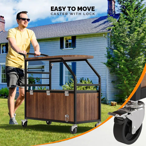 Man pushing Patio Cooler With Built In Table And Bottle Opener For Outdoor Parties, Rolling Ice Chest With Drainage