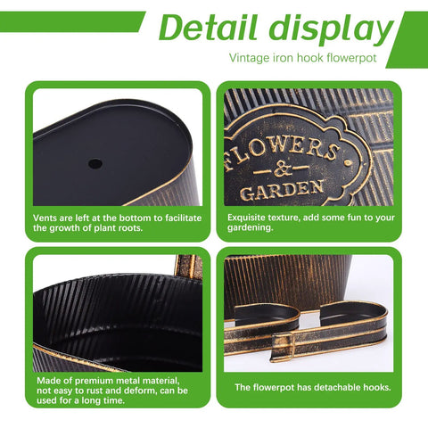 Detailed view of 3 Pack Metal Railing Planter Boxes For Outdoors With 10.6 Inch Hanging Pots, detachable hooks, drainage holes, black