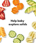 OXO Tot baby feeding set concept with assorted fruit slices arranged around centered text