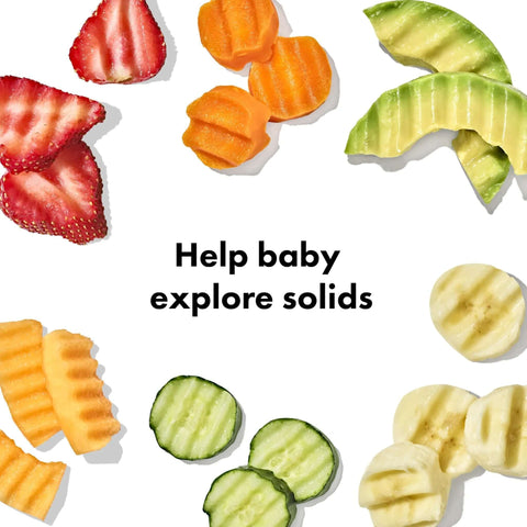 OXO Tot baby feeding set concept with assorted fruit slices arranged around centered text