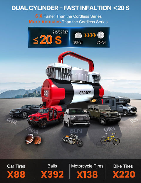 6X Faster Inflation Digital Dual Cylinder Portable Air Compressor 12V Metal Tire Inflator with vehicles and inflatables