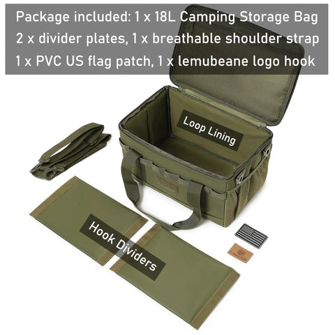 18L Tactical Camping Storage Bag with Shoulder Strap and Utility Tote, open showing loop lining and hook dividers
