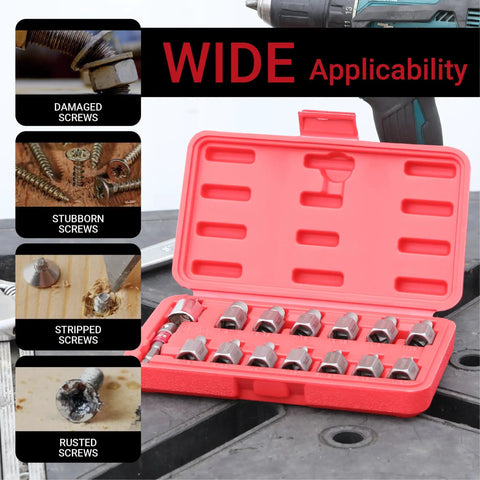 15 Piece Upgrade Screw Extractor Set For Removing Broken Bolts And Studs With Multi Spline Heads Direct Wrench Use Three Eighth Inch Drive Easy Out Bolt Remover Kit in red case, opened showing extractors.