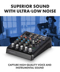 TrueMix 500 Audio Mixer With XLR Mic Input And USB Audio Interface for podcasting and live performance, shown on a table.