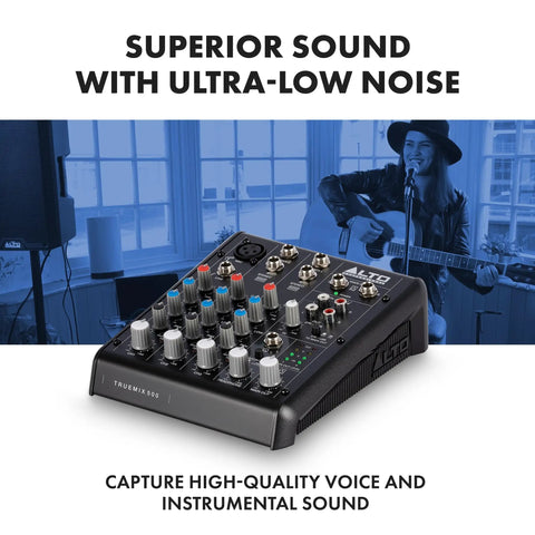 TrueMix 500 Audio Mixer With XLR Mic Input And USB Audio Interface for podcasting and live performance, shown on a table.