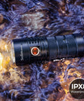 Ultra Bright SP36 Pro Flashlight With 8000 Lumens, Four 5000K LEDs, USB C Rechargeable, waterproof in water, rugged design.