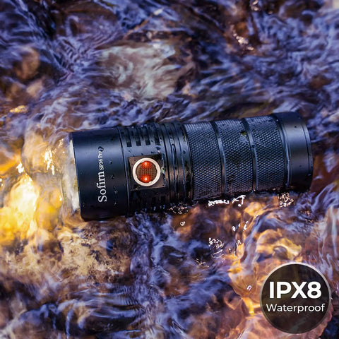 Ultra Bright SP36 Pro Flashlight With 8000 Lumens, Four 5000K LEDs, USB C Rechargeable, waterproof in water, rugged design.