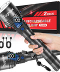 High Lumens Rechargeable LED Flashlights 2 Pack With Zoomable Beam And LCD Display 5 Modes Long Range Tactical Lights