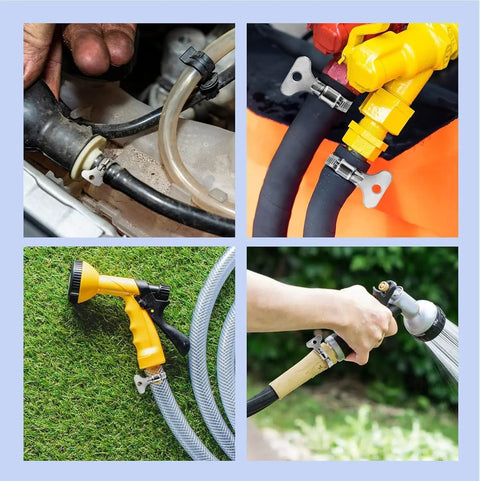 16-Piece 304 Stainless Steel Hose Clamps Set With Adjustable Thumbscrews And T-Bolt Worm Clamp And Band Clamp Mix For 6-12mm To 38mm Hoses, Do-It-All Clamp Kit For Auto, Plumbing, And DIY Projects in various installations, illustrating versatility and application.
