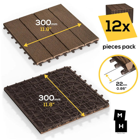 Interlocking 12 By 12 Inch Balcony Patio Deck Tiles 12 Pack Waterproof Weatherproof Floor Tiles For Indoor Outdoor Use Easy-To-Install Durable Dope Patio Upgrade showing tile dimensions and underside design