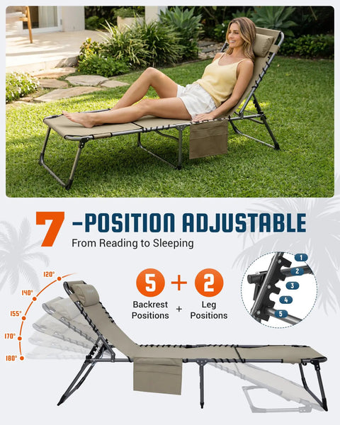 Woman relaxing on Face Hole Tanning Lounge Chair For Outdoors Folding Chaise Lounger with five-position recline, beige on grass