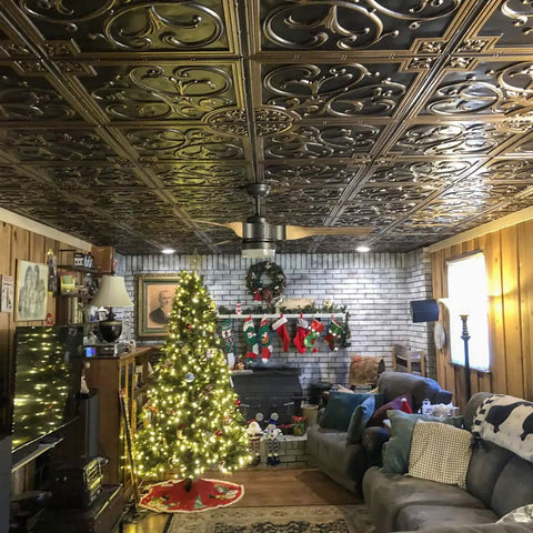 Room with Antique Gold Lilies And Swirls PVC Ceiling Tile 2x2 Ft Lay-In Or Glue-Up, covers 40 Sq Ft, holiday decor, wood paneling