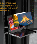 1U Rack Mount KVM Console With 17 Inch LCD Monitor showing 1080P display with vibrant images in a server rack.