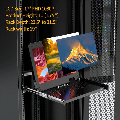 1U Rack Mount KVM Console With 17 Inch LCD Monitor showing 1080P display with vibrant images in a server rack.